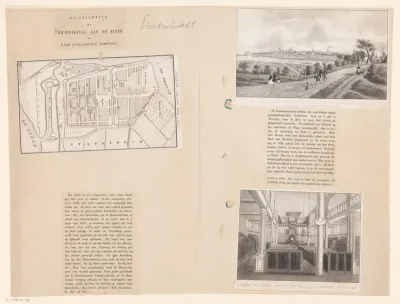 Blad met een plattegrond van en twee gezichten op Friedrichstadt en tekst over Johan de Haen