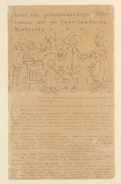 Blad met handgeschreven beschrijvingen van acht scènes uit 'Keur van gedenkwaardige tafereelen uit de vaderlandsche historiën'