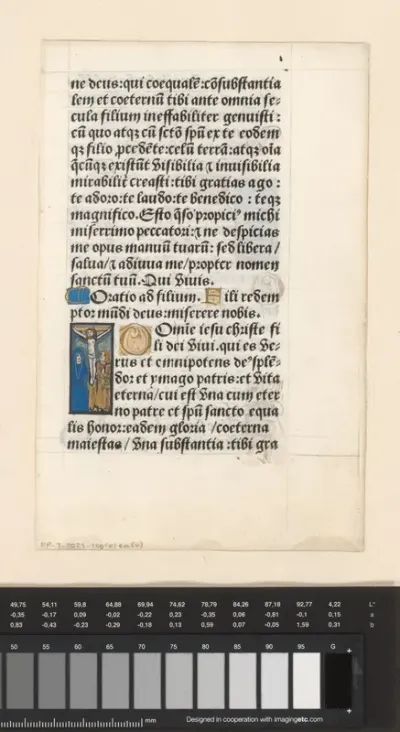 Blad met handschrift en Christus aan het kruis, mogelijk uit een getijdenboek