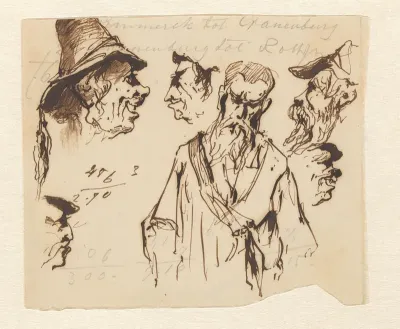 Blad met koppen, een figuur te halver lijven en aantekeningen