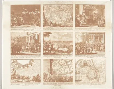 Blad met negen voorstellingen van gebeurtenissen in het jaar 1713 van de Spaanse Successieoorlog