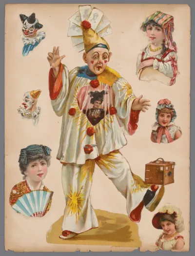 Blad met opgeplakte poëzieplaatjes, waaronder een clown met Kodak camera op zijn voet