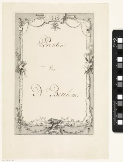 Blad met ornamentele omlijsting voor de "Prenten van N: Berchem."