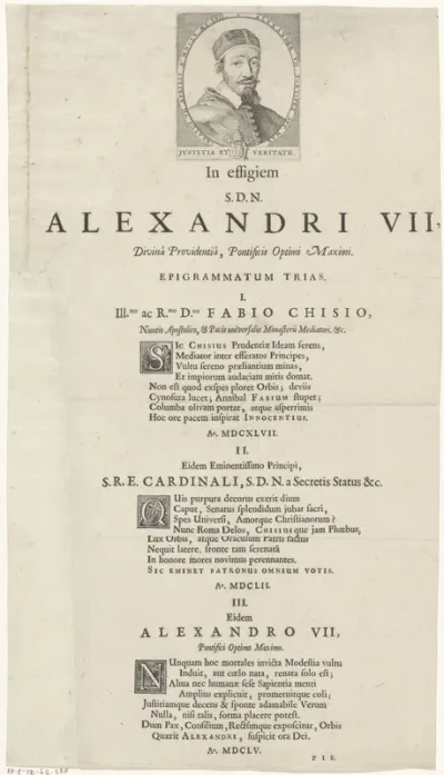 Blad met portret van paus Alexander VII en teksten met initialen