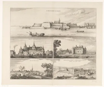 Blad met Schenkenschans en vier andere gezichten, 1635