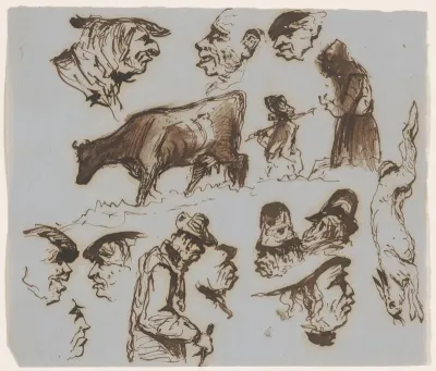 Blad met schetsen van koppen, een koe en een haas