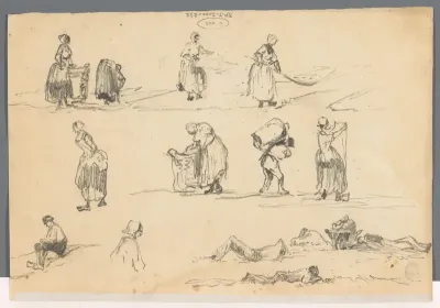 Blad met studies van werkende figuren