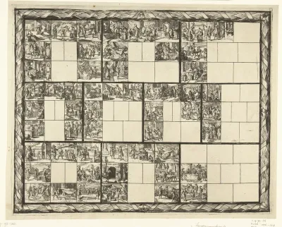 Blad met tientallen kleine voorstellingen van juridische aard (illustraties voor 'Ars magna et admirabilis (...) Pandectarum tituli (...) ope figurarum emblematicarum'?)
