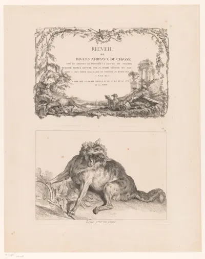 Blad met twee platen: titelprent serie 'Recueil de divers animaux de chasse' en wolf in een val