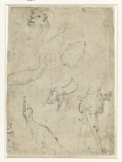Blad met verscheidene monsters, een figuur, slak en pad