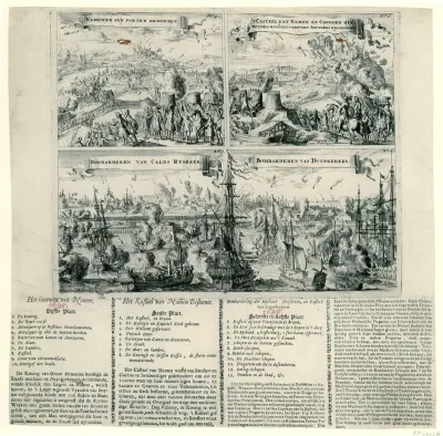 Blad met vier platen van oorlogstaferelen uit 1695