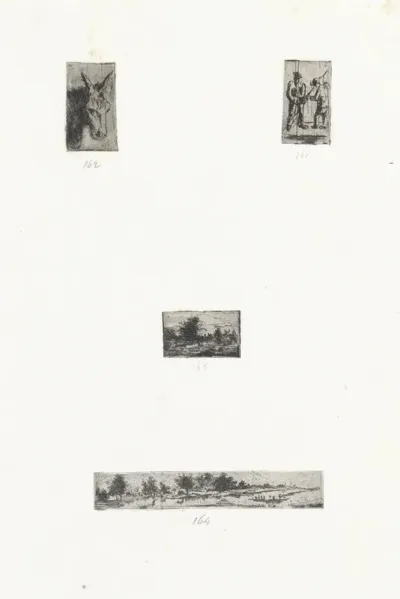 Blad met vier prenten met figuren en landschappen