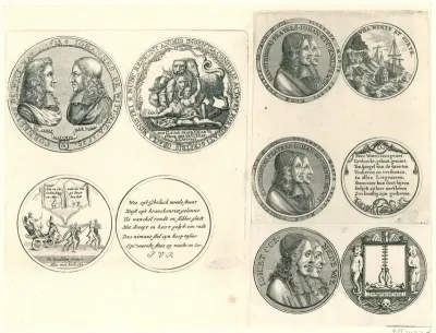 Blad met vijf penningen ter ere van de gebroeders De Witt, 1672