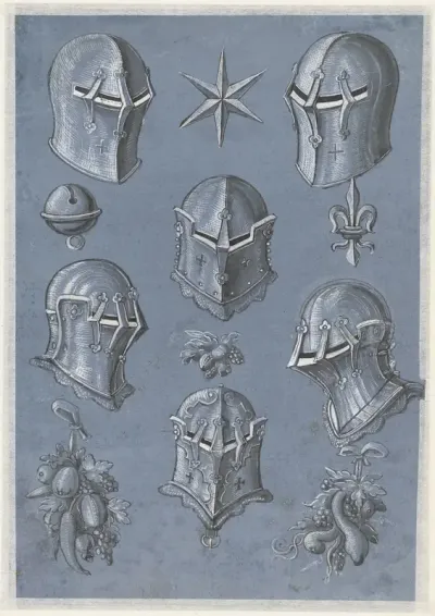 Blad met zes helmen, een ster, een heraldieke lelie, een bel en drie vruchtentrossen
