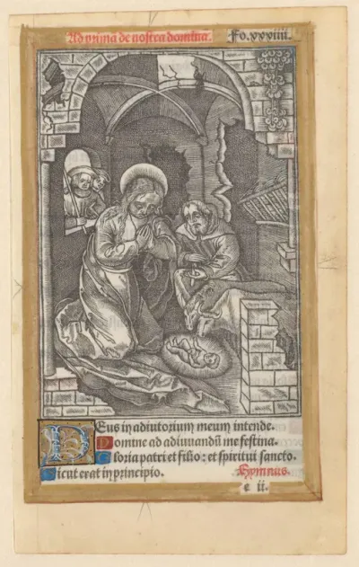 Blad uit een getijdenboek met de Geboorte van Christus