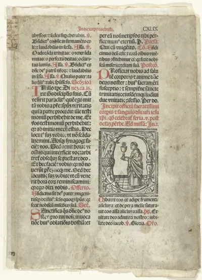 Blad uit een Italiaanse incunabel met liturgische verzen en illustratie van een priester met miskelk