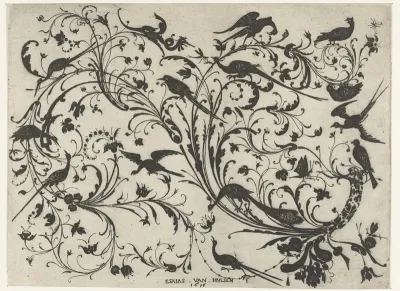 Bladranken met bloemen en vogels