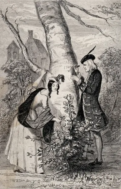 Blair castle, Blair Atholl, Perthshire: Tullibardine, a Jacobite, carves the date 1745 in the trunk of a tree while Ellen picks a white rose planted in honour of Bonny Prince Charlie