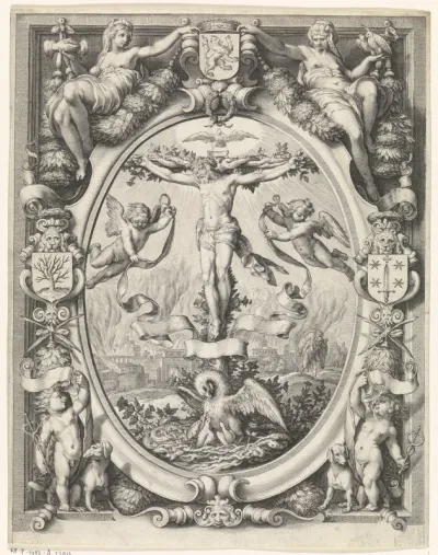 Blazoen van de rederijkerskamer De Pellicaen te Haarlem, met de kruisiging in allegorische omlijsting