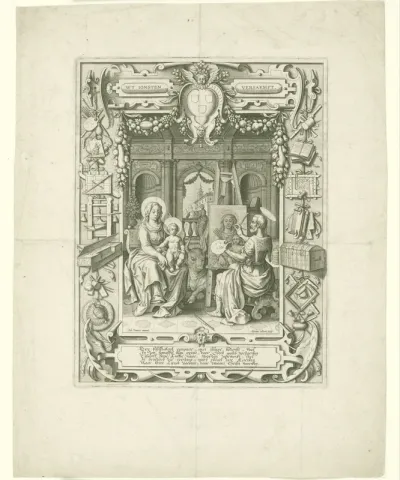 Blazoen van het Sint-Lucasgilde met de Heilige Lucas die Maria schildert