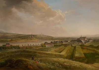 Blick auf das kurmainzische Lustschloss Favorite und die Kartause von Westen