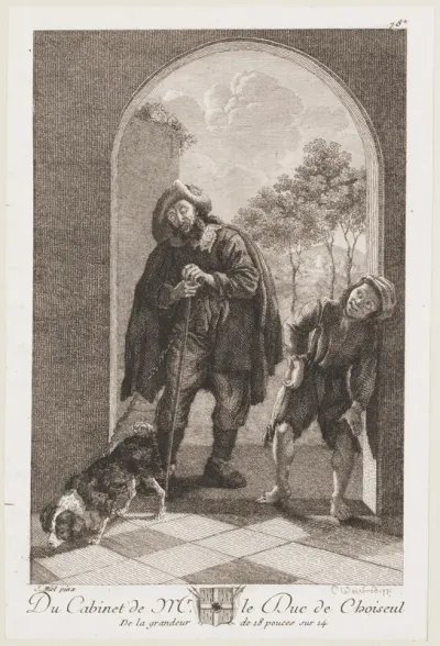 Blind man with a child and dog in a doorway