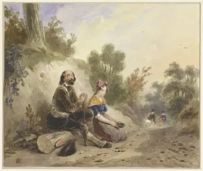Blinde man met meisje, bedelend aan de kant van een landweg