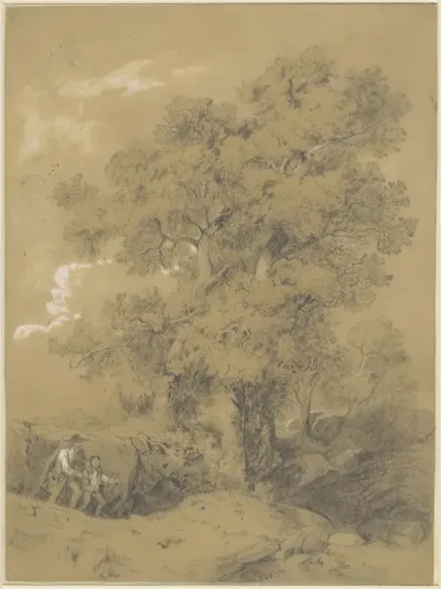 Blinde man wordt door een jongen geleid in een landschap met grote eikenbomen