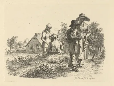 Blinde vrouw en converserende figuren bij een boerderij