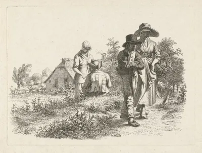 Blinde vrouw en converserende figuren bij een boerderij