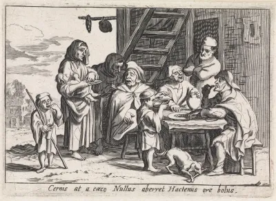 Blinden eten voor een herberg