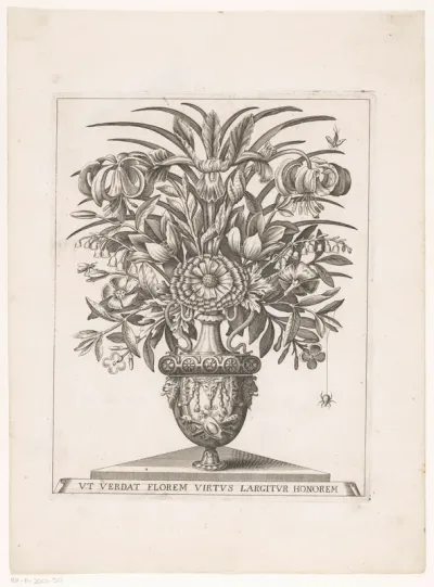 Bloemen in vaas met leeuwenkoppen