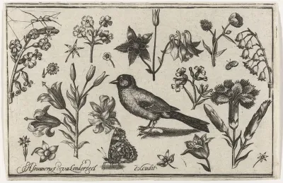 Bloemen, vlinder en een vogel