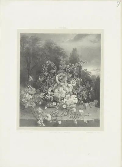 Bloemstilleven in landschap