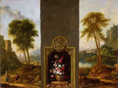 Bloemstilleven in omlijsting met monogram