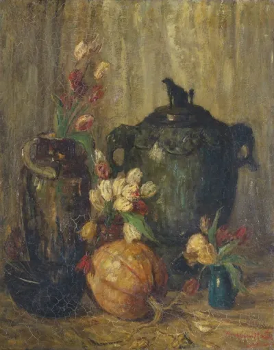 Bloemstilleven met tulpen en kalebas