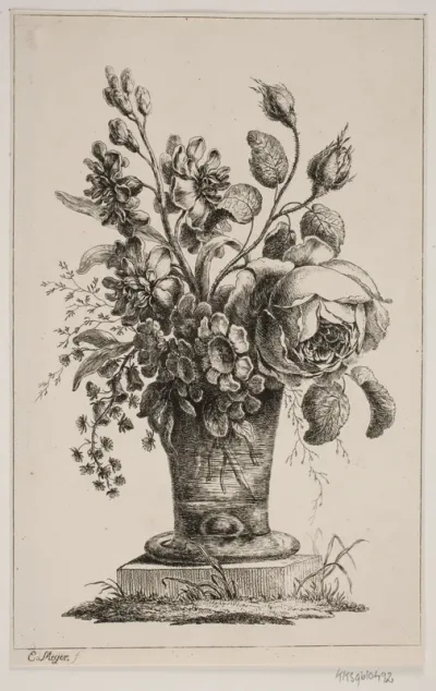 Blomster i et Glas, en Rose, Aurikler m.v.
