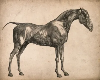 Blood-vessels of a horse: an écorché figure, side view, with the blood-vessels indicated