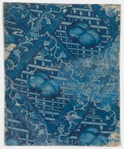Blue paste paper with striped and floral pattern