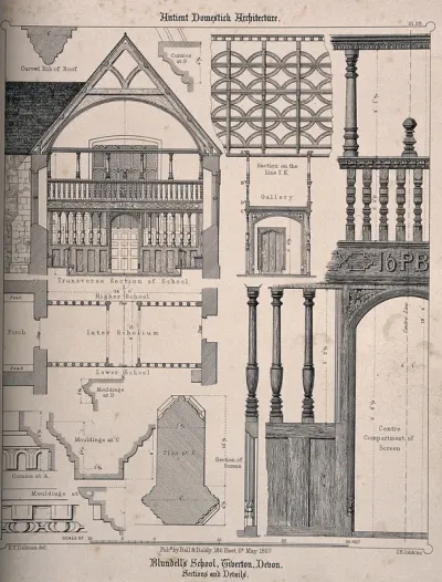 Blundell's School, Tiverton, Devon: architectural sections and details with key