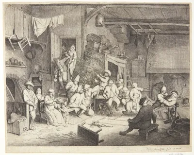 Bønder, spisende ved et bord i en krostue