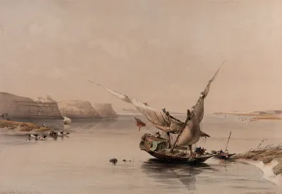 Boat approaching the fortress of Ibrim, Egypt