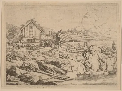 Boat at a River Bank with Three Goats