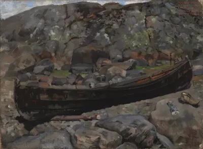 Boat on a Rocky Shore Near the Old Church in Tyrvää