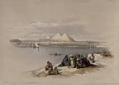 Boat on the river Nile looking towards the pyramids at Saqqâra and Dahshûr, Egypt