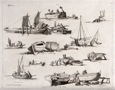 Boats: some being loaded, some repaired, others sail loaded with logs and different cargo