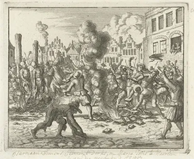 Boeken van de verbrande Jurriaan Simonsz. worden te Haarlem door het volk buit gemaakt, 1557