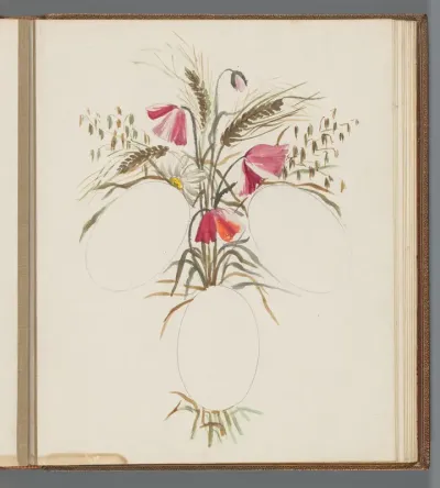 Boeket met rode bloemen boven drie ovalen
