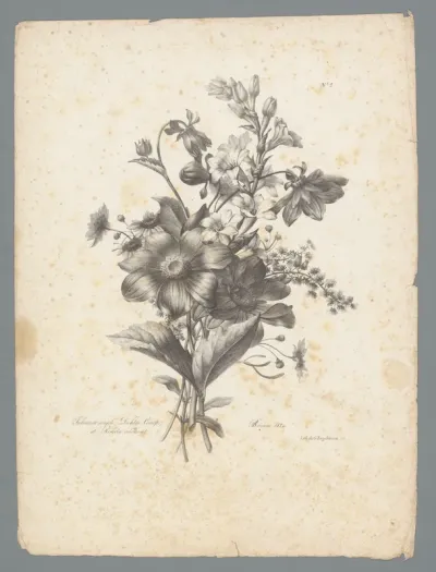 Boeket met tuberoos, dahlia, coreopsis en geurende reseda