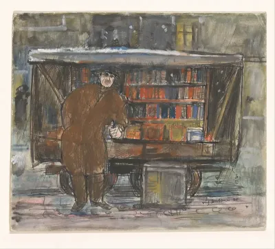 Boekhandelaar voor zijn boekenkar